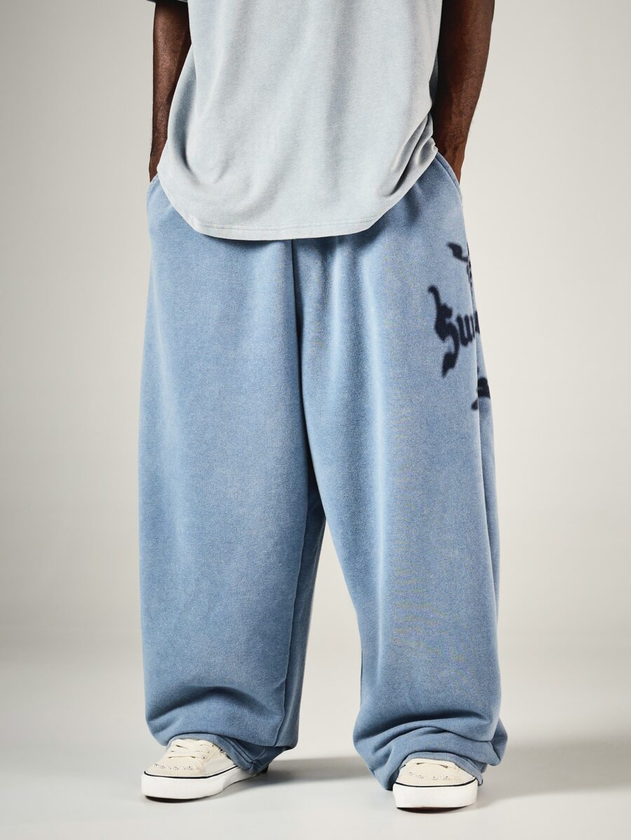 SUMWON Washed Wide Leg Sweatpants With Gothic Logo Leg Print Elastic Waist Drawstring Casual Relaxed Fit Fleece Joggers - Blue - View 1