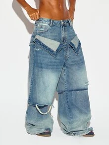 SUMWON WOMEN Oversized Baggy Wide Leg Distressed Jeans With Patchwork Detail Low Rise Ripped Denim Pants Festival Summer Street Style - Blue - View 2