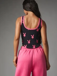Missguided x Playboy Bunny AOP Scoop Neck Sleeveless Crop Tank Bodysuit With Hot Pink Logo Print And Contrast Trim Detail - Multicolor - View 2
