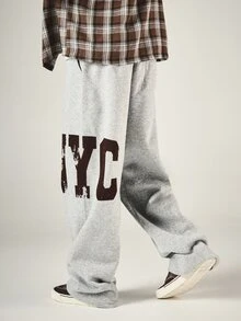SUMWON NYC Graphic Wide Leg Sweatpants With Distressed Varsity Text Print, Fleece Casual Jogger Style Bottoms, Perfect For Fall Winter Street Style - Grey - View 2