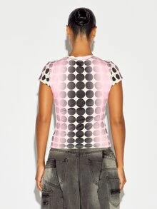 SUMWON WOMEN Atasan Crop Top Lengan Pendek Leher Bulat Motif Polka Dot, Potongan Pas Badan, Gaya Festival Musim Semi dan Musim Panas - MultiWarna - View 5