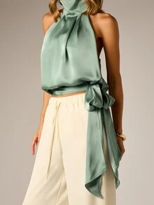 AiiRZ Satin Halter Neck Crop Top With Open Back And Draped Tie Detail Perfect For Summer Party Evening Wear - Green - View 4
