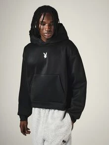 PLAYBOY X SUMWON Crop Fit Oversized Pullover Hoodie With Bunny Logo Chest Print And Script Back Graphic Long Sleeve Casual Streetwear - Black - View 2