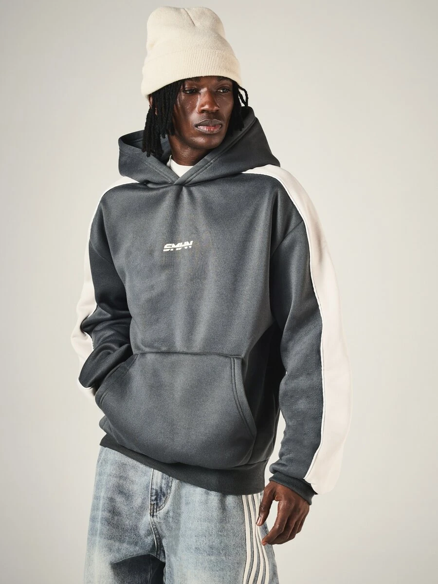SUMWON Boxy Fit Oversized Color Block Hoodie With Contrast Side Stripe Panel Long Sleeve Centre Pocket Pullover Casual Street Style Fall Winter Sweatshirt - Multicolor - View 1