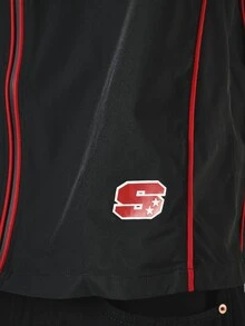 SUMWON Oversized Crop Zip-Up Shirt With Red Contrast Piping And Logo Patch Short Sleeve Boxy Collared Top Summer Festival Style - Black - View 6