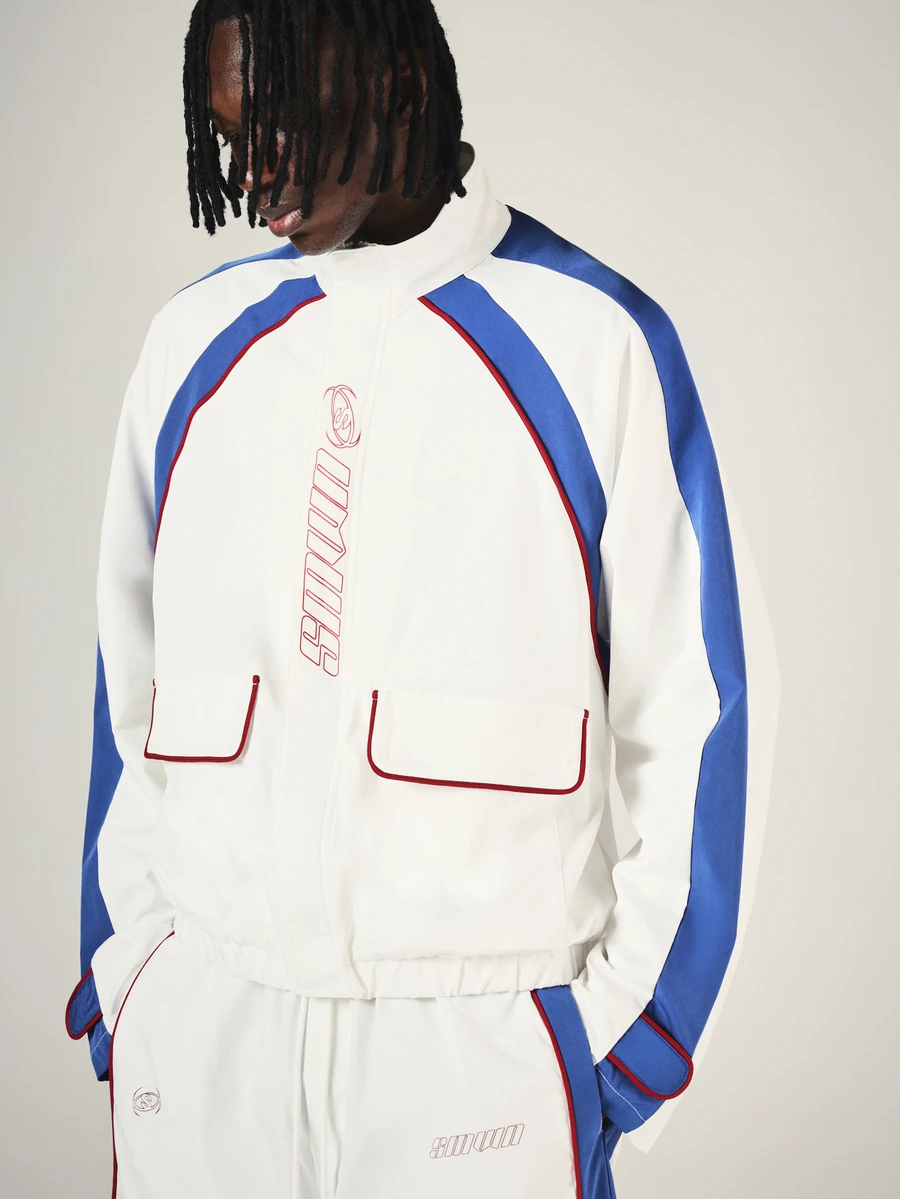 SUMWON Color Block Windbreaker Jacket With Contrast Piping Patch Pockets Full Zip Mandarin Collar Oversized Fit - Blue and White - View 1