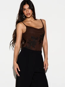 KIZN Sheer Mesh Cowl Neck Bodysuit With Black Floral Applique Detail Low Back Spaghetti Strap Adjustable Party Night Out Top - Coffee Brown - View 6