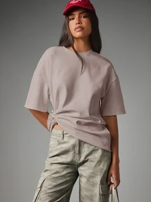 MISSGUIDED Oversized Boxy T-Shirt With Pearl Button Ruched Hem Detail Drop Shoulder Elbow Length Sleeves Casual Everyday Top - Camel - View 5