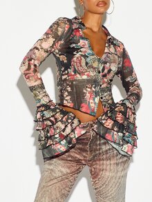 SUMWON WOMEN Blus Crop Jala Motif Bunga Oriental AOP dengan Lengan Lonceng Bertingkat dan Ruffle, Kerah V-Neck, Kancing Depan, Atasan Pesta Festival Musim Semi - MultiWarna - View 2