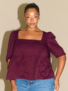 Fashion Szn Plus Size Square Neck Petal Sleeve Top Square Neck Peplum Top, Peplum Top, Square Neck Top, Flattering Top, Body Conscious Top, Figure Flattering Top, Fitted Waist Top, Cinched Waist Top, Puff Sleeve Top, Short Sleeve Top, Feminine Top, Date Night Top, Occasion Top, Curve Top, Plus Size Top, Autumn Winter Top, AW Top, Transitional Top, Key Trending Item - Brown - View 3