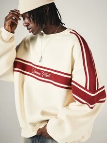 SUMWON Club Oversized Crew Neck Sweatshirt With Varsity Stripe Detailing And Script Chest Print For Fall Winter - Apricot - View 4