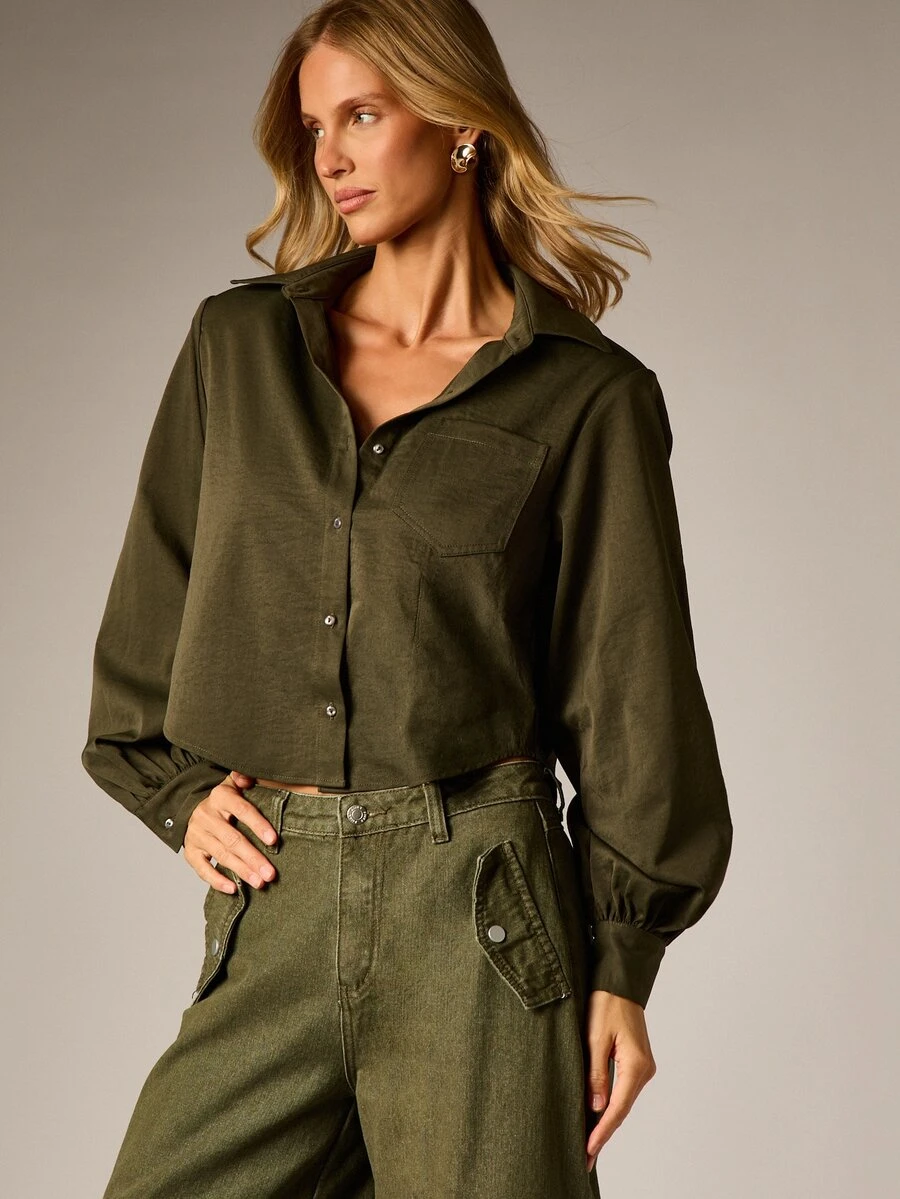 AiiRZ Olive Cropped Button-Down Shirt With Puff Sleeves Chest Pocket Relaxed Oversized Fit Collared Casual Everyday Top - Army Green - View 1