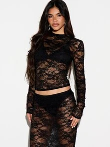KIZN Floral Lace Long Sleeve Crop Top Sheer See Through Fitted High Neck Elegant Party Night Out Spring Summer Festival Style - Black - View 1