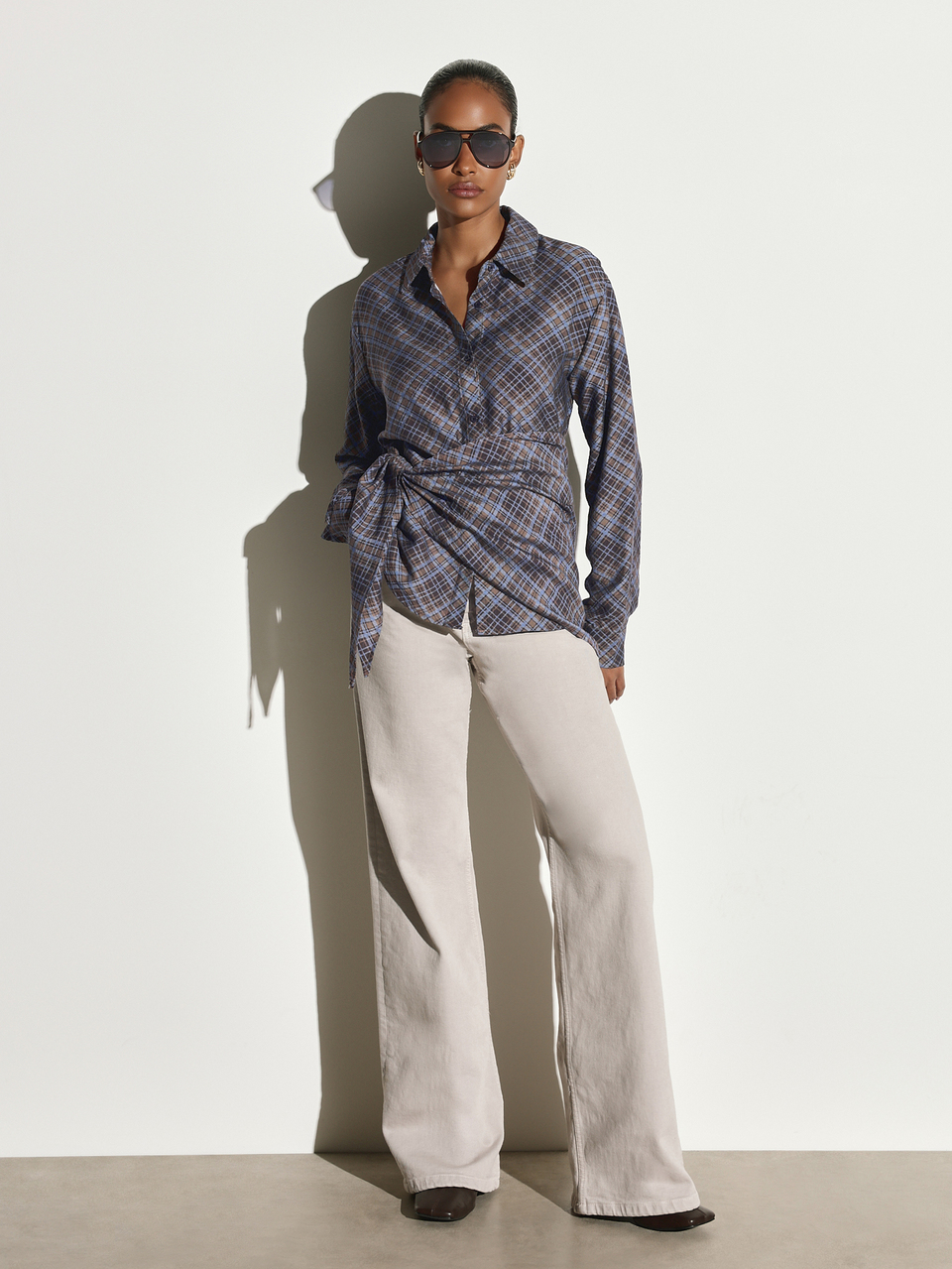 KSTM Plaid Oversized Button-Down Shirt With Wrap Tie Waist Detail Long Sleeve Collared Tunic Top Fall Winter Casual