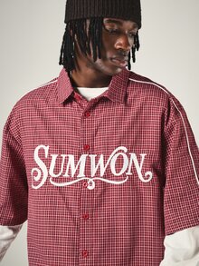 SUMWON Oversized Checked Short Sleeve Button-Up Shirt With Contrast Piping And Bold Logo Print For Summer Casual Streetwear - Red - View 4