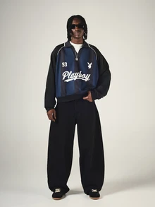 PLAYBOY X SUMWON Bunny Logo Oversized Rugby Pullover Sweatshirt With Vertical Stripes Quarter Zip Collar And Raglan Sleeves - Multicolor - View 3