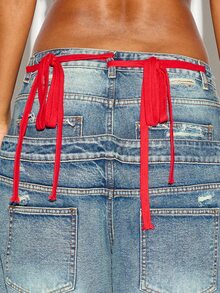 SUMWON WOMEN Oversized Baggy Wide Leg Distressed Jeans With Patchwork Detail Low Rise Ripped Denim Pants Festival Summer Street Style - Blue - View 4