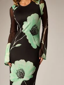 AiiRZ Gaun Maxi Bodycon Motif Bunga dengan Lengan Panjang Jala Transparan, Leher Bulat, dan Belahan Belakang, Gaun Pesta Malam Musim Semi - MultiWarna - View 5