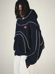SUMWON Oversized Sherpa Fleece Zip-Up Hoodie With Contrast Piping And Logo Patch Winter Cozy Bomber Jacket - Navy Blue - View 4