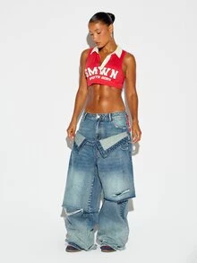 SUMWON WOMEN Oversized Baggy Wide Leg Distressed Jeans With Patchwork Detail Low Rise Ripped Denim Pants Festival Summer Street Style - Blue - View 3