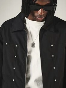 SUMWON Oversized Snap Button Zip-Up Jacket With Point Collar Chest Pockets Long Sleeve Hip Length Outerwear For Fall Winter - Black - View 5