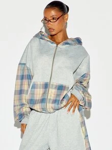 SUMWON WOMEN Áo khoác hoodie nỉ lông dáng boxy oversize kéo khóa toàn thân, phối mảng tương phản họa tiết kẻ caro, tay dài, phong cách thường ngày, mặc nhà và streetwear cho mùa thu đông - Nhiều màu - Xem 1