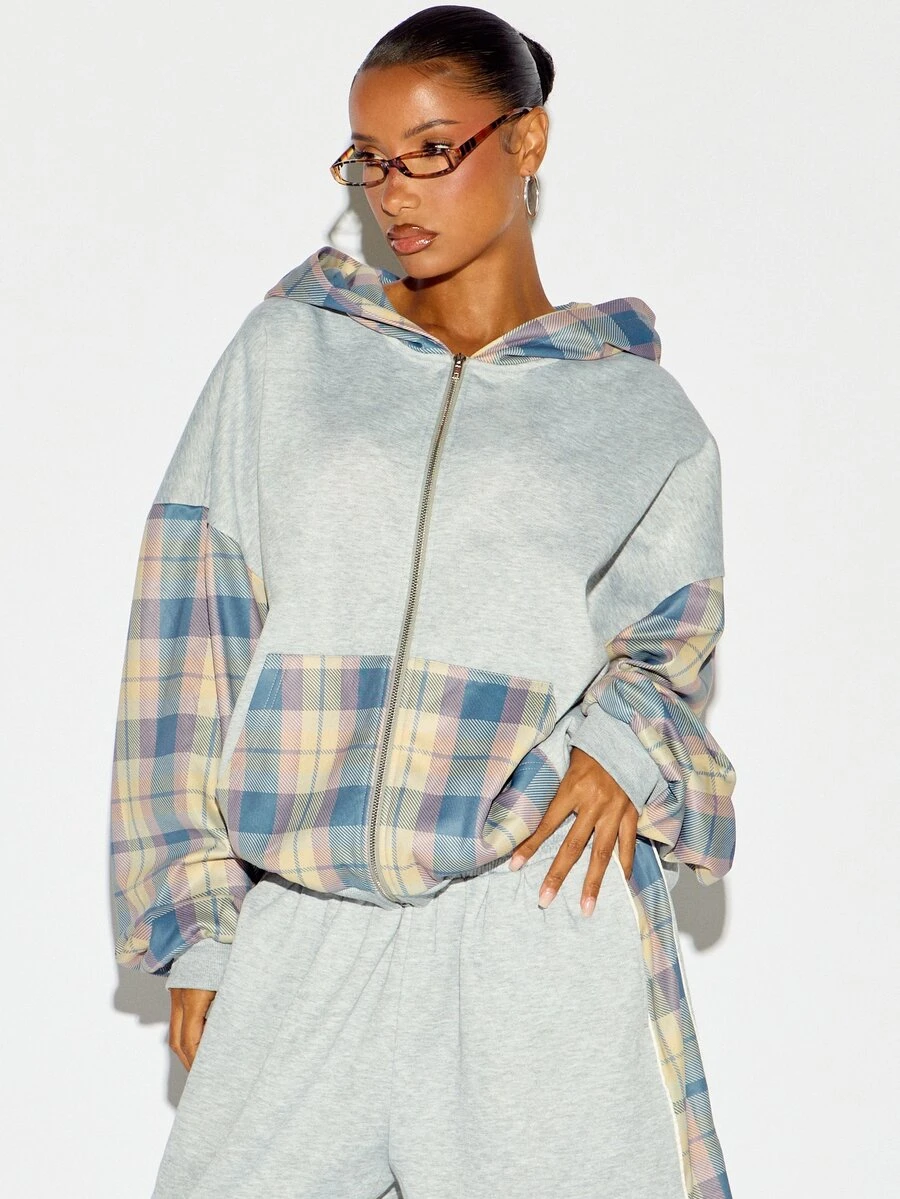 SUMWON WOMEN Áo khoác hoodie nỉ lông dáng boxy oversize kéo khóa toàn thân, phối mảng tương phản họa tiết kẻ caro, tay dài, phong cách thường ngày, mặc nhà và streetwear cho mùa thu đông - Nhiều màu - Xem 1