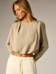 AiiRZ Long Sleeve Puff Shoulder Crop Blouse Crew Neck Relaxed Fit Woven Top Summer Spring Casual Everyday Style - Khaki - View 1