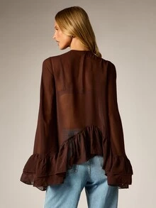 AiiRZ Sheer Chiffon Bell Sleeve Blouse With Tie Neck V-Neckline Ruffle Hem High-Low Hem Flowy Boho Top For Fall Winter Date Night - Coffee Brown - View 2