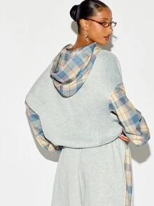 SUMWON WOMEN Áo khoác hoodie nỉ lông dáng boxy oversize kéo khóa toàn thân, phối mảng tương phản họa tiết kẻ caro, tay dài, phong cách thường ngày, mặc nhà và streetwear cho mùa thu đông - Nhiều màu - Xem 6