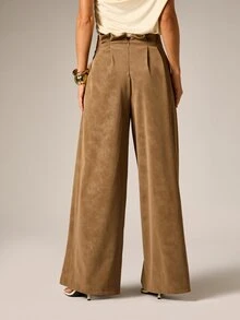 AiiRZ Faux Suede High Rise Palazzo Wide Leg Pants With Rosette Flower Detail Elegant Full Length Pleated Trousers For Fall Winter - Brown - View 2