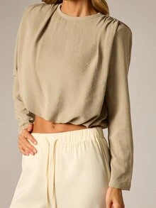 AiiRZ Long Sleeve Puff Shoulder Crop Blouse Crew Neck Relaxed Fit Woven Top Summer Spring Casual Everyday Style - Khaki - View 4
