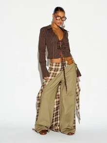 SUMWON WOMEN Pinstripe Lace-Up Crop Blouse With Collared Neckline And Bell Sleeves Tie Front Detail Cropped Length Fall Winter - Brown - View 5