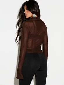 KIZN Sheer Mesh Crop Blouse With Floral Lace Applique Black Beaded Embellishment Collared Neckline Pearl Buttons Long Sleeve Fitted Top - Coffee Brown - View 3
