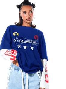 SUMWON WOMEN Oversized Graphic T-Shirt With Central Valley Script Print Stars Sheild Emblem And Layered Long Sleeve Detail Drop Shoulder Casual Tee - Navy Blue - View 4