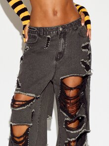 SUMWON WOMEN Extreme Distressed Wide Leg Jeans Mid Rise Full Length Heavily Ripped Destroyed Denim Pants Frayed Edges Grunge Style Fall Festival - Black - View 3