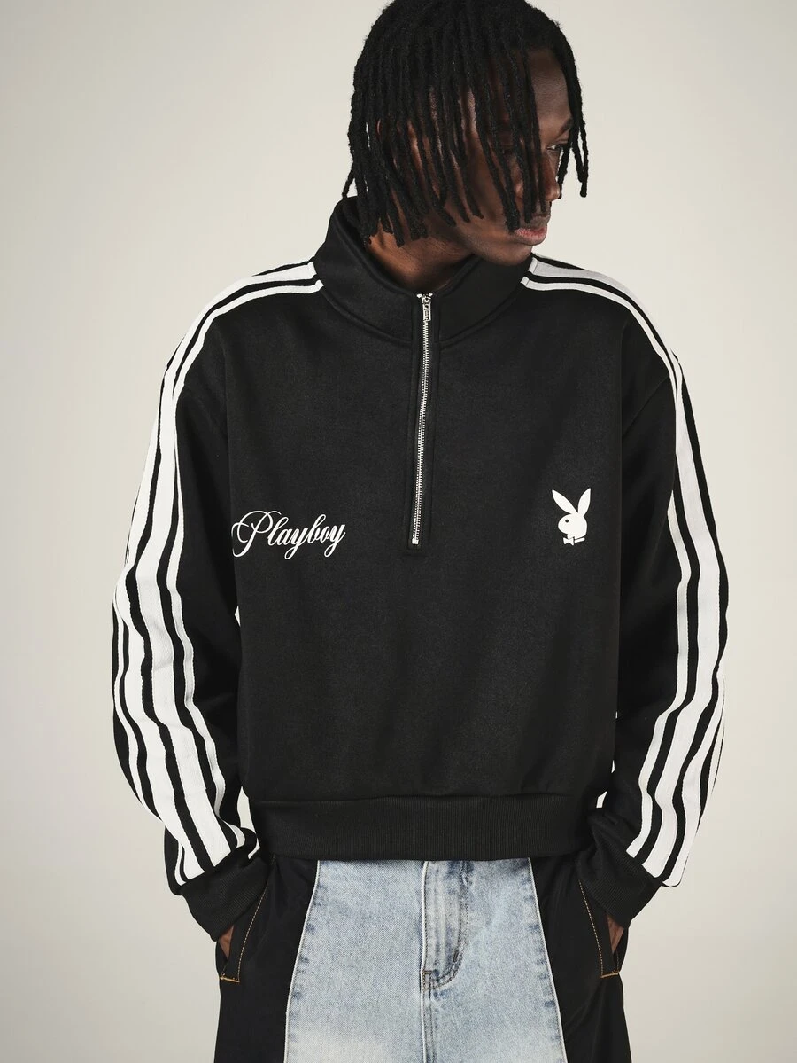 PLAYBOY X SUMWON Half-Zip Sweatshirt With Bunny Logo Embroidery Side Stripe Detail High Neck Pullover Fall Winter Streetwear Top - Black and White - View 1