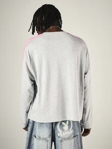 SUMWON Cropped Long Sleeve Tee With Pink Stripe Contrast Detailing Crew Neck Boxy Fit Casual Top - Grey - View 2
