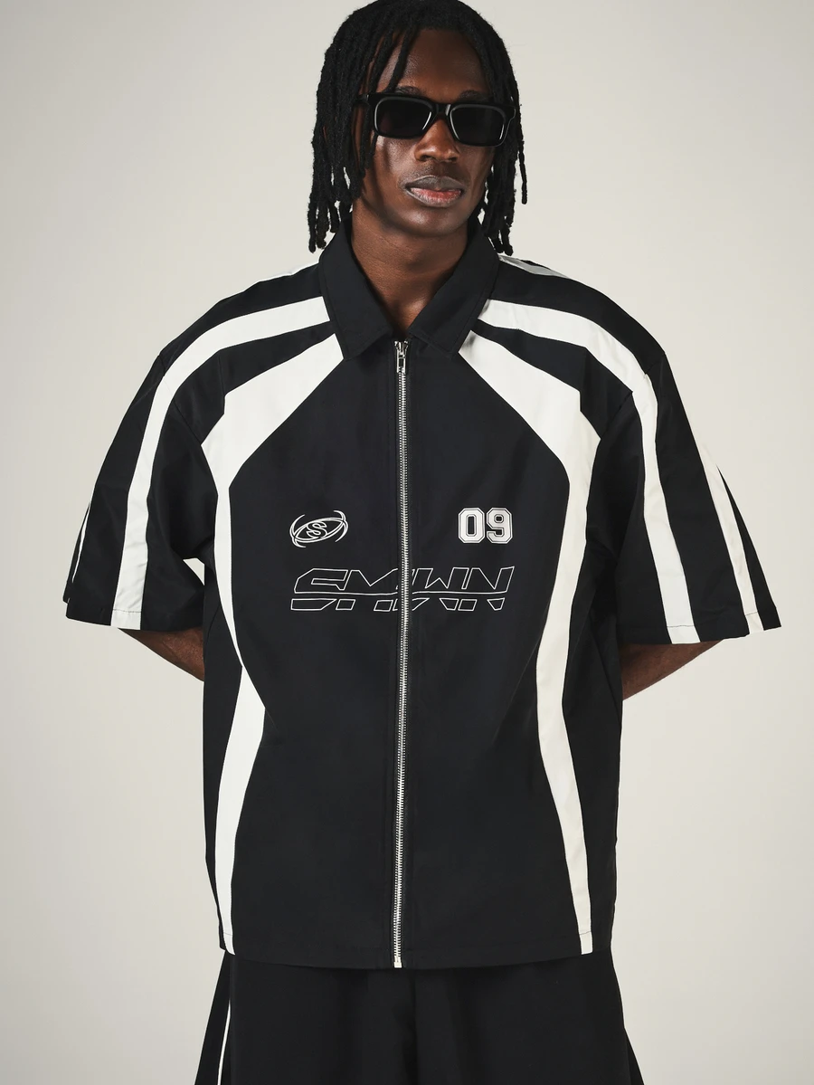 SUMWON Boxy Fit Racing Stripe Color Block Zip-Up Shirt Short Sleeve Collared Oversized Summer Festival Street Style Top - Black and White - View 1