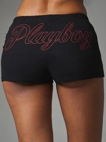 Missguided x Playboy شورتات قصيرة صغيرة بشعار نصي مع حزام خصر مطاطي ضيقة بطبعة مؤخرة بأسلوب كاجوال صيفي للمهرجانات - الأسود - مشاهدة 5