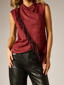 AiiRZ Atasan Rompi Tanpa Lengan Bahan Suede Imitasi dengan Kerah Model Cowl dan Detail Rumbai Asimetris untuk Musim Gugur dan Musim Dingin. - Burgundy - View 4