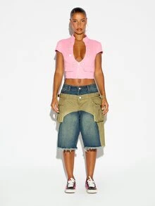 SUMWON WOMEN Hybrid Cargo Denim Shorts With Olive Overlay Buckle Detail Raw Frayed Hem Wide Leg Bermuda Style Festival Summer Holiday - Multicolor - View 2