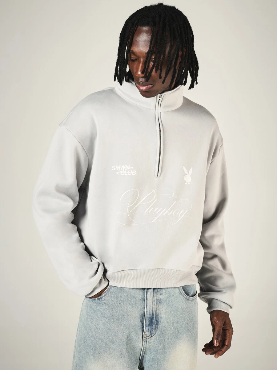 PLAYBOY X SUMWON Club Half-Zip Sweatshirt With High Neck Bunny Logo Script Print Oversized Fit Long Sleeve Top - Light Grey - View 1