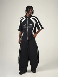 SUMWON Boxy Fit Racing Stripe Color Block Zip-Up Shirt Short Sleeve Collared Oversized Summer Festival Street Style Top - Black and White - View 3