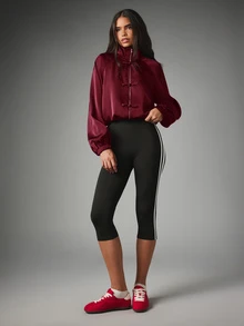 MISSGUIDED Satin Bomber Jacket With Mandarin Collar Zip Front Frog Closure Raglan Sleeves And Elasticated Cuffs Chinese Inspired Luxe Top - Burgundy - View 4