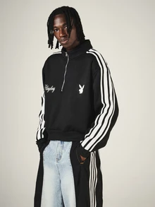 PLAYBOY X SUMWON Half-Zip Sweatshirt With Bunny Logo Embroidery Side Stripe Detail High Neck Pullover Fall Winter Streetwear Top - Black and White - View 4