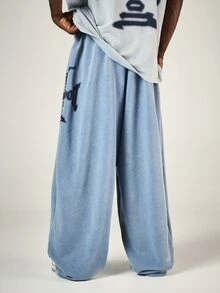 SUMWON Washed Wide Leg Sweatpants With Gothic Logo Leg Print Elastic Waist Drawstring Casual Relaxed Fit Fleece Joggers - Blue - View 3