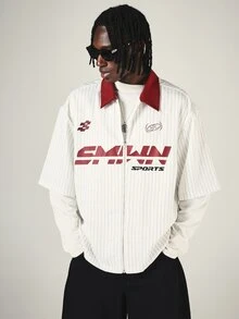 SUMWON Boxy Fit Sports Pinstripe Zip-Up Oversized Short Sleeve Shirt With Contrast Red Collar And Bold Front Logo Print - Multicolor - View 1