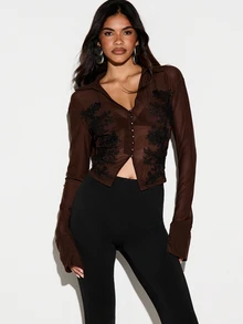 KIZN Sheer Mesh Crop Blouse With Floral Lace Applique Black Beaded Embellishment Collared Neckline Pearl Buttons Long Sleeve Fitted Top - Coffee Brown - View 1