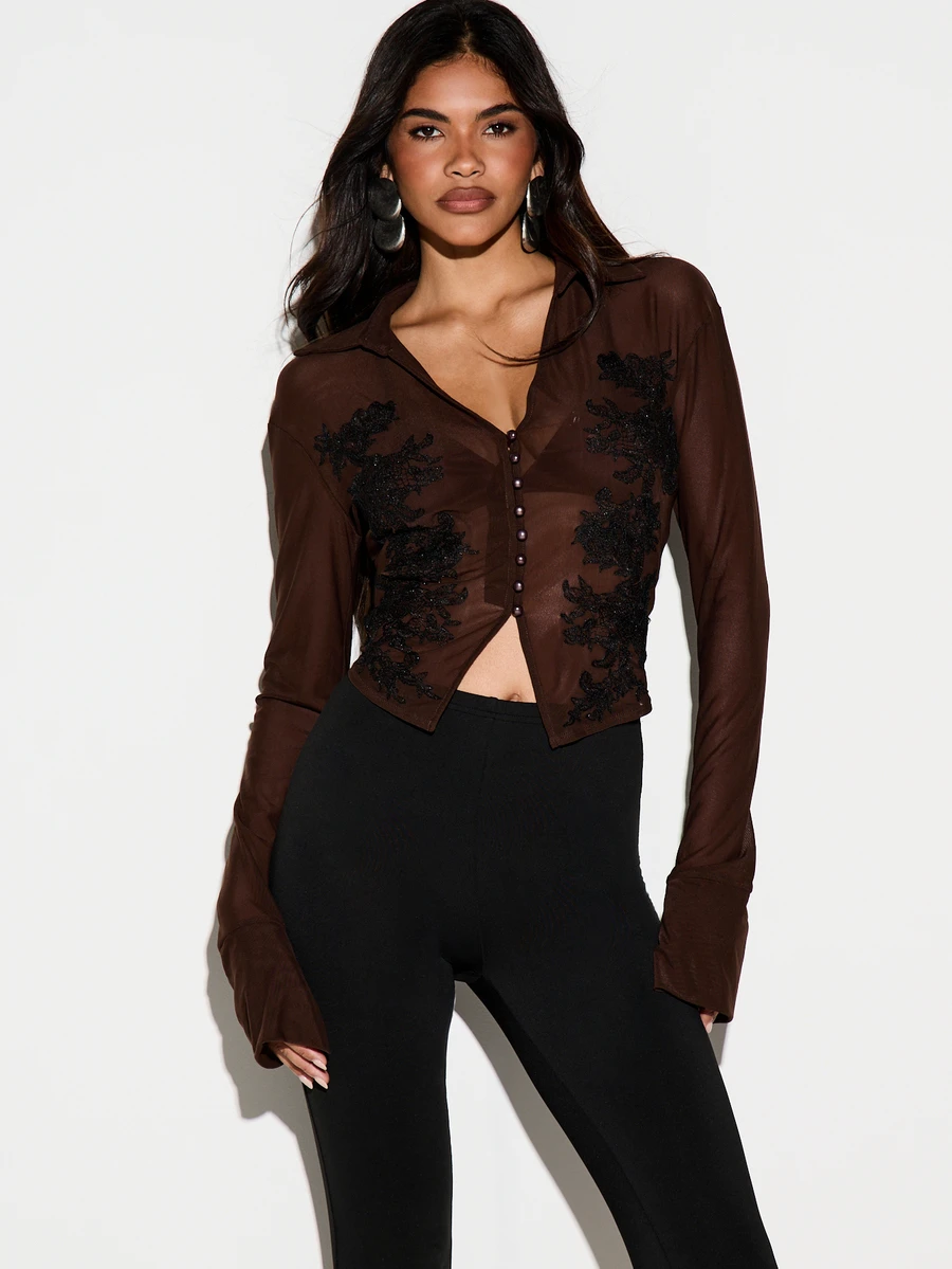 KIZN Sheer Mesh Crop Blouse With Floral Lace Applique Black Beaded Embellishment Collared Neckline Pearl Buttons Long Sleeve Fitted Top - Coffee Brown - View 1